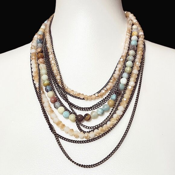 Multi-Strand Statement Necklace Gemstone Glass Beads Layered Chunky Antiqued - Picture 12 of 12